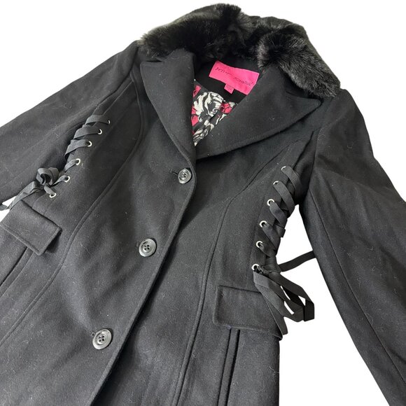 Betsey Johnson Corset Trench Coat Faux Fur Collar Wool Blend Black Size S NWT - Picture 7 of 10
